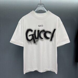Guci Graffiti Logo T-Shirt White Black Spray Paint Effect Cotton Tee Men
